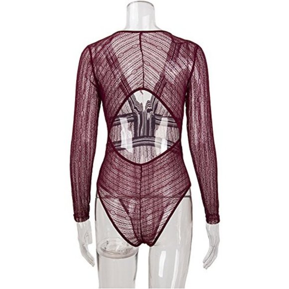 Burgundy Deep Plunge Lace  See Through Back Hollow Out Bodysuit, Medium - Picture 5 of 5